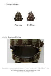 Close-up of small plaid fleece backpacks with gold zippers and interior storage view