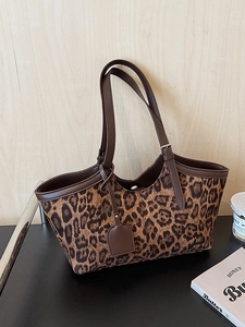 Large capacity vintage leopard print faux suede tote bag with brown leather shoulder straps