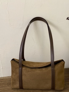 Retro caramel brown suede pillow tote bag with dark brown straps for daily commuting