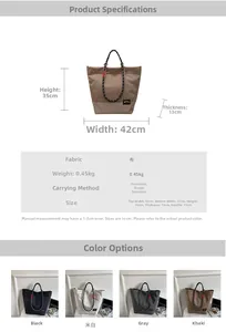 Detailed size chart and multi-color selection of the waterproof tote bag with measurements