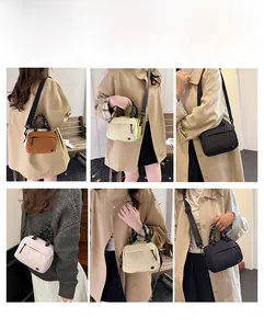Detail showing multi-functional nylon handbags in five colors with versatile carrying straps
