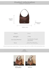 Detailed size chart and dimensions of the checkered woolen tote bag for women