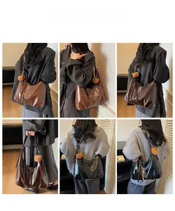 Collage of model wearing vintage hobo bag in three colors with bear charm detail