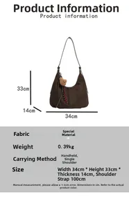 Detail view of large dark brown suede tote bag with teddy bear pendant and specifications