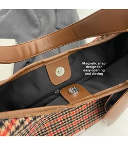 Detail of the magnetic snap closure on the plaid wool fabric shoulder tote bag