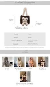Vue détaillée des dimensions et coloris du sac cabas en peluche motif ourson
