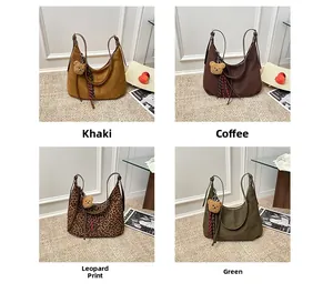Collage of four large tote bags in khaki, coffee, leopard, and green with teddy charms