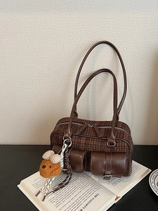 Sac Sous le Bras Vintage en PU et Lainage Plaid pour Femmes Sac à Épaule Oreiller Rétro Avec Pendentif Chien