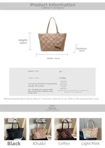 Detailed size chart and multi-color options for quilted PU leather tote bag with dimensions
