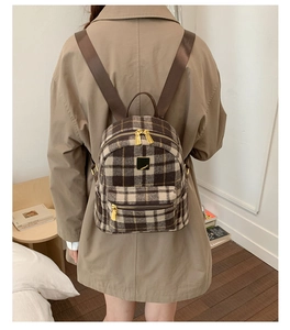 Detail view of British vintage plaid mini backpack in wool fabric on model back