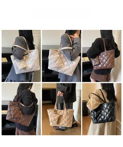 Detailed views of a quilted tote bag with matching pouch in multiple color options