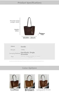 Detailed size and dimension chart for the minimalist suede tote shoulder handbag