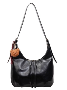 Retro black large capacity hobo bag with cute bear charm and striped tassel detail