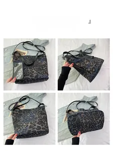 Detail view of the leopard print canvas tote bag showing front, side, and back angles