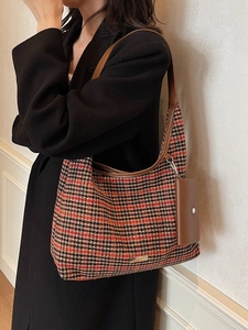 Retro houndstooth tote bag set with large capacity and brown leather trim for women