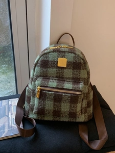 Winter plaid mini backpack in green brown wool with golden metal hardware detail