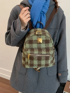 Winter plaid mini backpack in green and brown wool fabric for women's daily commute