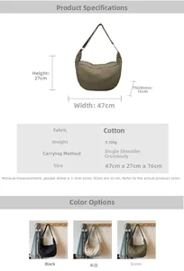 Detailed size guide and specifications for large canvas crossbody bag with dimensions