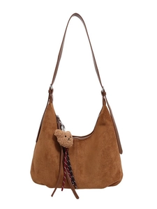 Retro brown suede hobo bag for women with plush bear charm and large capacity