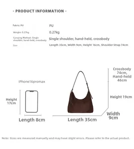 Size chart showing dimensions of the brown PU tote bag with iPhone 16 Pro Max for scale