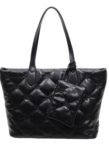 Quilted black tote bag with coin purse showing embossed patterns and shoulder straps