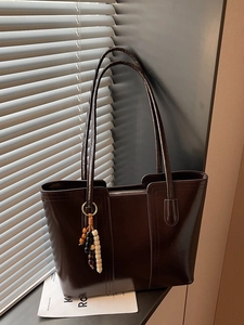 Borsa Tote in Pelle PU di Grande Capacità da Donna Borsa a Tracolla Retro Pendolare Con Ciondolo in Perline di Legno Borsa Semplice