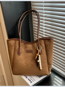 Minimalist brown suede tote bag with stylish wooden bead charm for women's shoulder wear