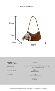 Detailed size chart for the suede messenger bag showing dimensions and adjustable strap length
