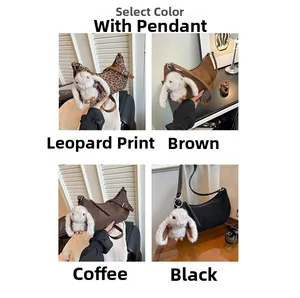 Four color options of half-moon crossbody bags featuring plush bunny pendant accessories