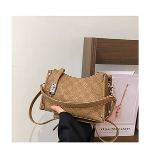 Detailed view of brown checkered pattern handbag with silver clasp and lychee leather texture