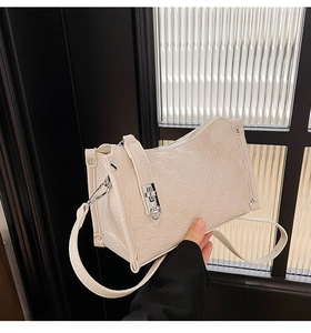 Detail of beige plaid embossed handbag with silver metal buckle and reinforced rivets