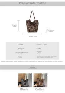 Detail view of plush zebra print tote bag with dimensions 36x45x14cm and soft texture