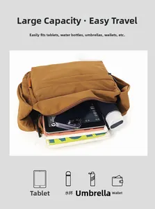 Detailed interior of a brown nylon crossbody bag showing storage for tablet and water bottle