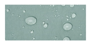 Macro view of light grey-green waterproof fabric with water droplets on the surface