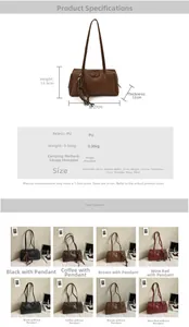 Detail view of large capacity vintage oil wax shoulder bag with dimensions and size chart