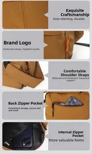 Detail view of durable nylon bag with wide strap, brand logo, and anti-theft zipper pocket