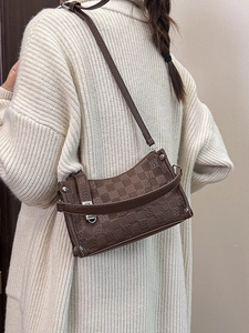 Vintage dark brown checkered crossbody pillow bag with adjustable strap for women