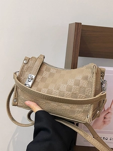 Vintage khaki checkered crossbody pillow bag with metallic lock for women fashion