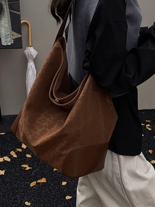 Brown leopard print suede tote bag for women, stylish large capacity shoulder bag for autumn
