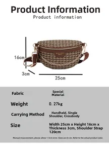 Detailed size chart for houndstooth crossbody bag with dimensions 25x16x3cm and strap info