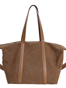 Sac cabas marron en velours côtelé avec anses en cuir et fermeture éclair chic
