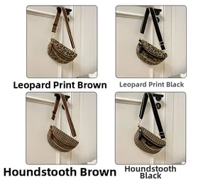 Detail view of four textured crossbody chest bags in leopard and houndstooth patterns