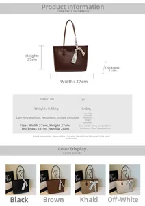 Detailed technical diagram showing dimensions and PU leather features of the tote bag
