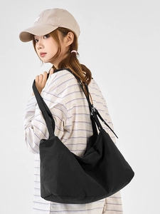 Minimalist black large capacity nylon tote bag with drawstring for women's daily travel