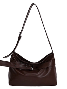 Vintage dark brown faux leather hobo bag with silver buckle and adjustable shoulder strap