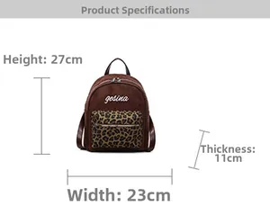 Detaillierte Größenparameter des braunen Wildlederrucksacks mit Leopardenmuster-Tasche