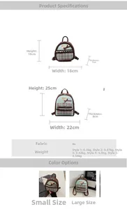Size chart showing small and large PU leather bow backpacks with detailed dimensions