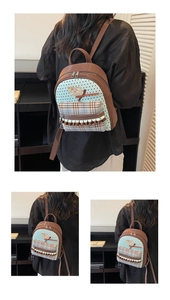 Detail of mini leather backpack with polka dot and plaid patterns and bow accent