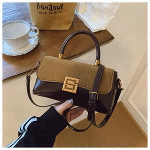 Nahaufnahme einer zweifarbigen Lederhandtasche mit goldener Schnalle und Wildlederklappe