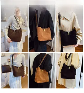 Detailed model views of the large bucket shoulder bag in brown, black, and tan shades